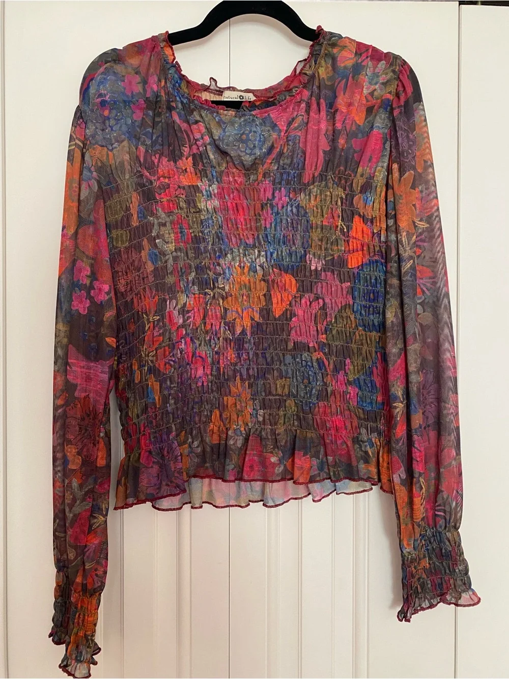NATURAL LIFE Sheer Floral Mesh Top in Pink, Blue and Cream - Picture 5 of 9